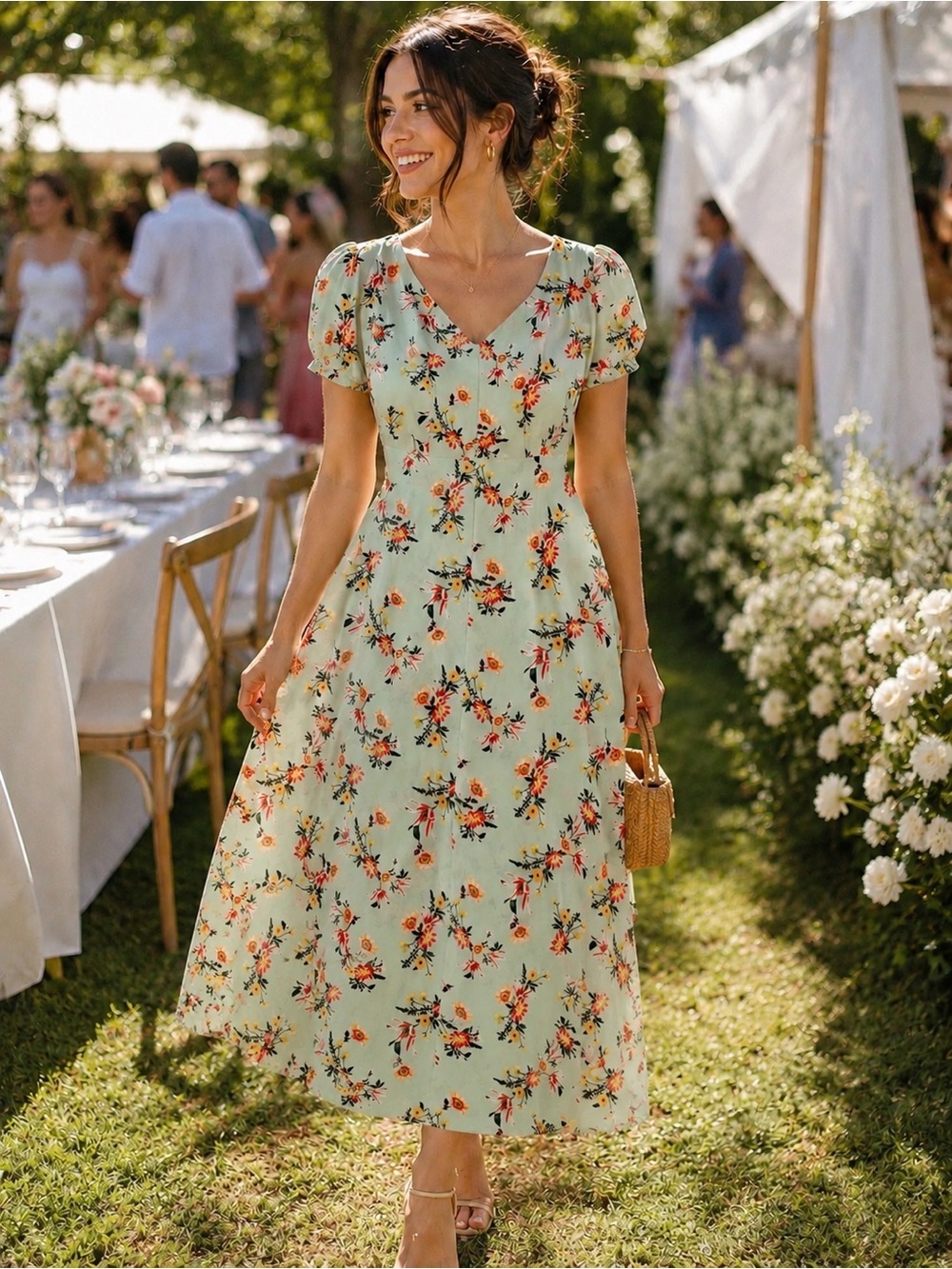 ANN TAYLOR Vintage Floral V-Neck Midi Dress Mint Green Sz2 Fits Like M Feminine